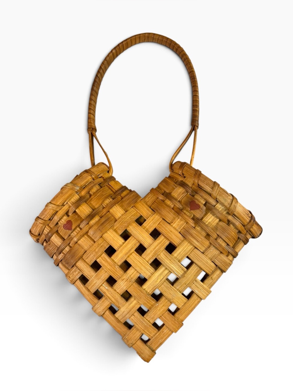 Vintage Woven Splint Heart Basket Hanging Wall Pocket Handle Signed 13"